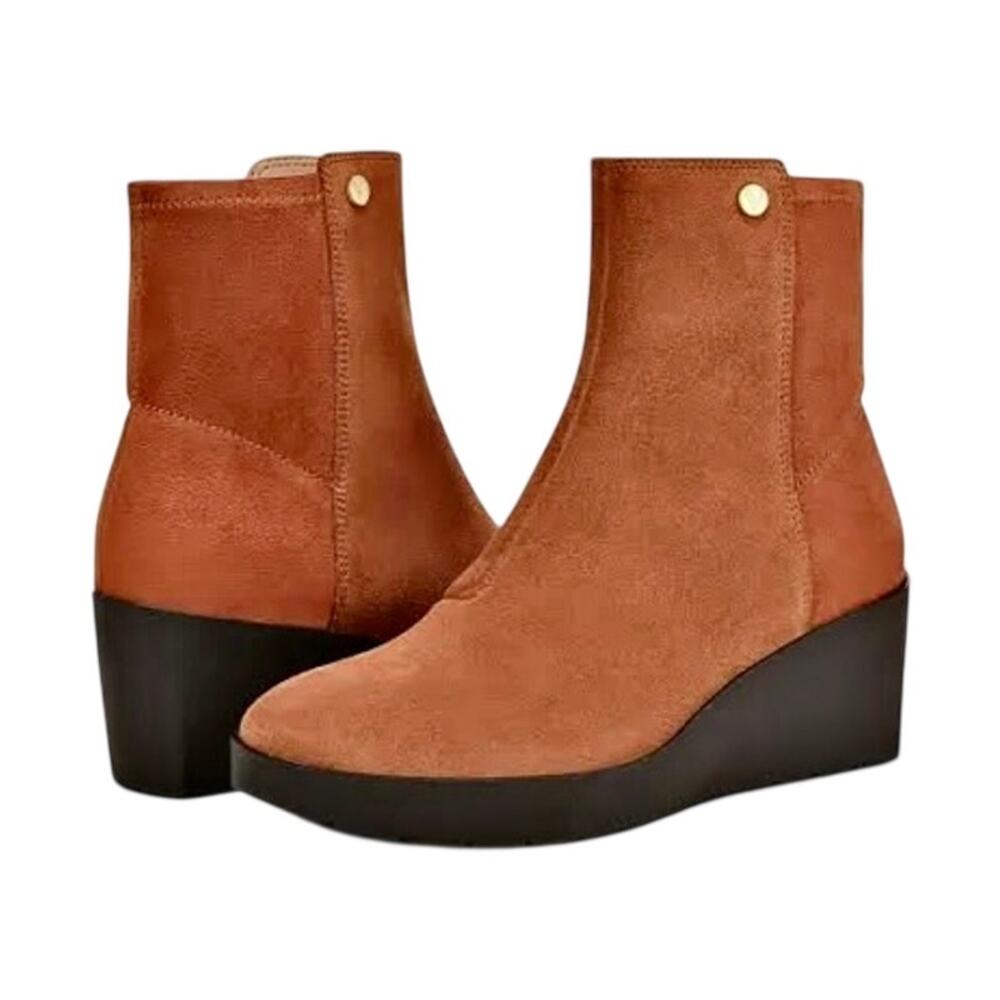 Vionic Skylar Tan Suede Wedge Zip Ankle Boots Booties Comfort Western Orthotic